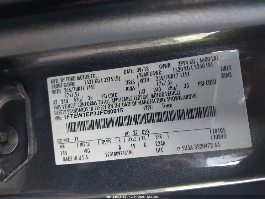 2018 Ford F-150 Xl VIN: 1FTEW1EP3JFE60915 Lot: 43903165