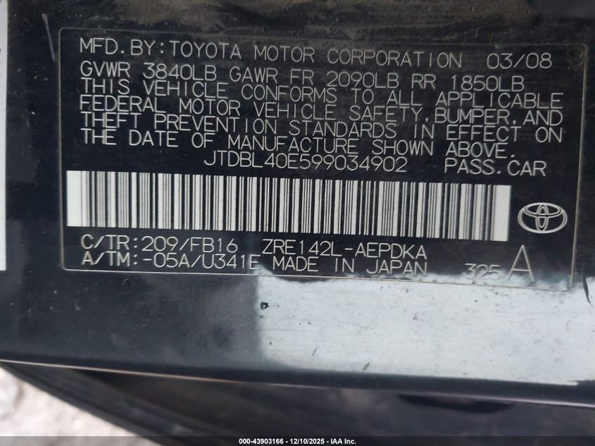 2009 Toyota Corolla Le VIN: JTDBL40E599034902 Lot: 43903166