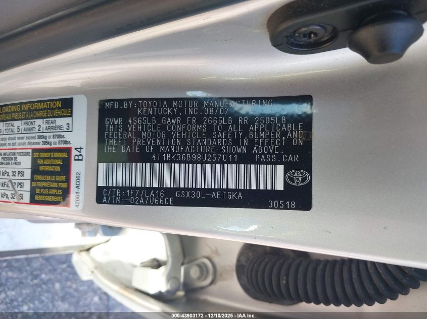 2008 Toyota Avalon Xls VIN: 4T1BK36B98U257011 Lot: 43903172