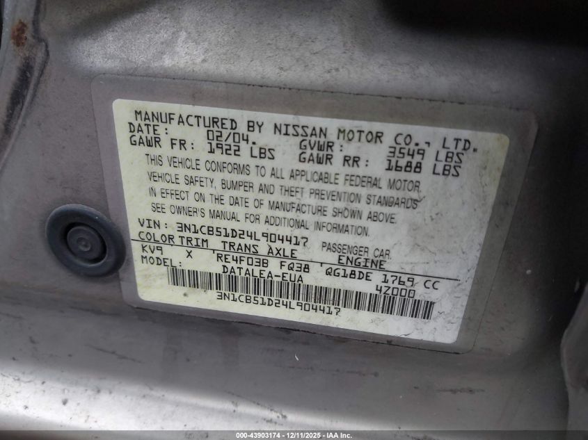 2004 Nissan Sentra 1.8S VIN: 3N1CB51D24L904417 Lot: 43903174