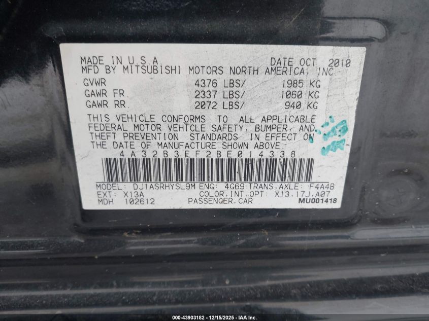 2011 Mitsubishi Galant Es/Se VIN: 4A32B3FF2BE014338 Lot: 43903182