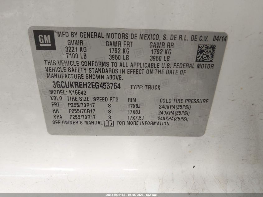2014 Chevrolet Silverado 1500 1Lt VIN: 3GCUKREH2EG453764 Lot: 43903187