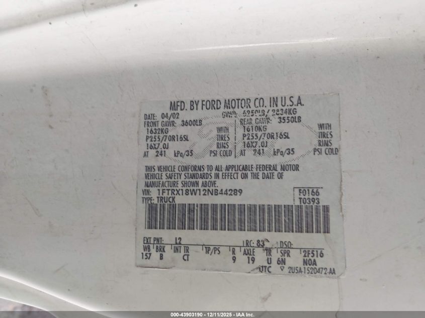 2002 Ford F-150 Xl/Xlt VIN: 1FTRF17242KC51128 Lot: 43903190