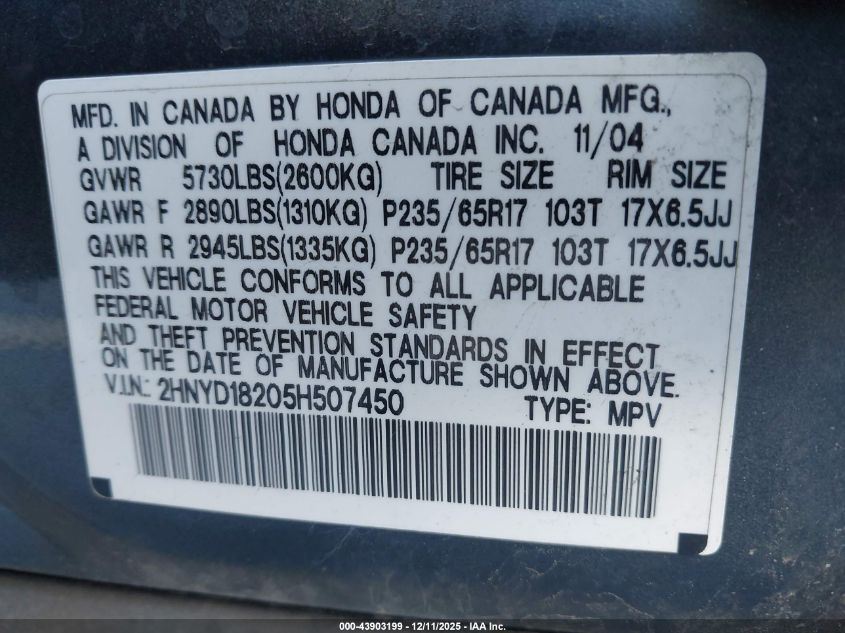 2005 Acura Mdx VIN: 2HNYD18205H507450 Lot: 43903199