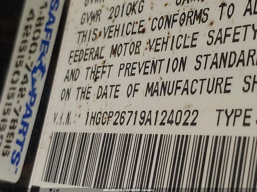 2009 Honda Accord 2.4 Ex VIN: 1HGCP26719A124022 Lot: 43903200