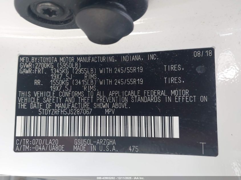 2018 Toyota Highlander Limited Platinum VIN: 5TDYZRFH5JS287067 Lot: 43903202