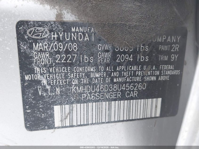 2008 Hyundai Elantra Gls/Se VIN: KMHDU46D38U456260 Lot: 43903203