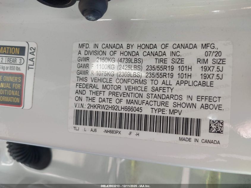 2020 Honda Cr-V Awd Touring VIN: 2HKRW2H92LH666045 Lot: 43903213