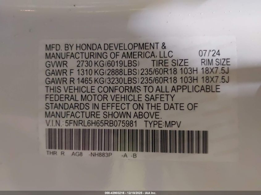 2024 Honda Odyssey Ex-L VIN: 5FNRL6H65RB075981 Lot: 43903216