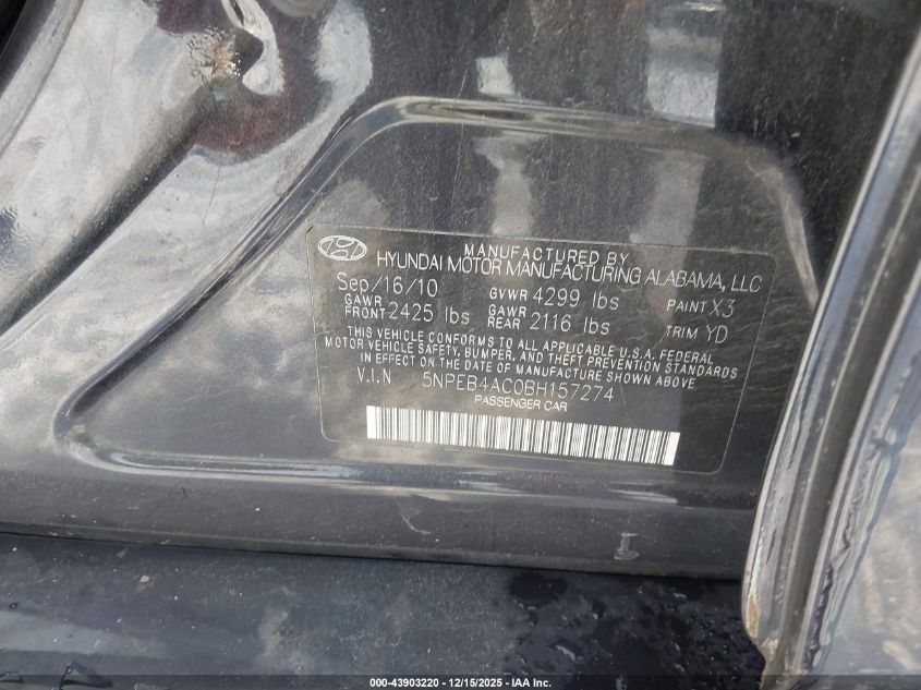 2011 Hyundai Sonata Gls VIN: 5NPEB4AC0BH157274 Lot: 43903220