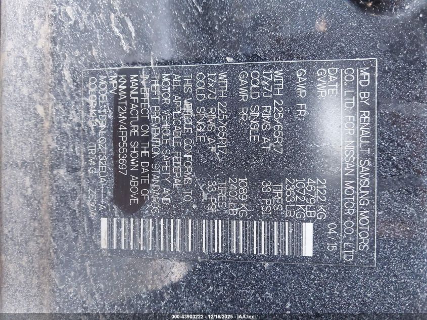 2015 Nissan Rogue Sv VIN: KNMAT2MV4FP553697 Lot: 43903222