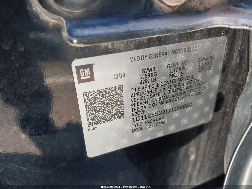 2020 Chevrolet Impala Fwd Lt VIN: 1G11Z5S32LU104669 Lot: 43903224