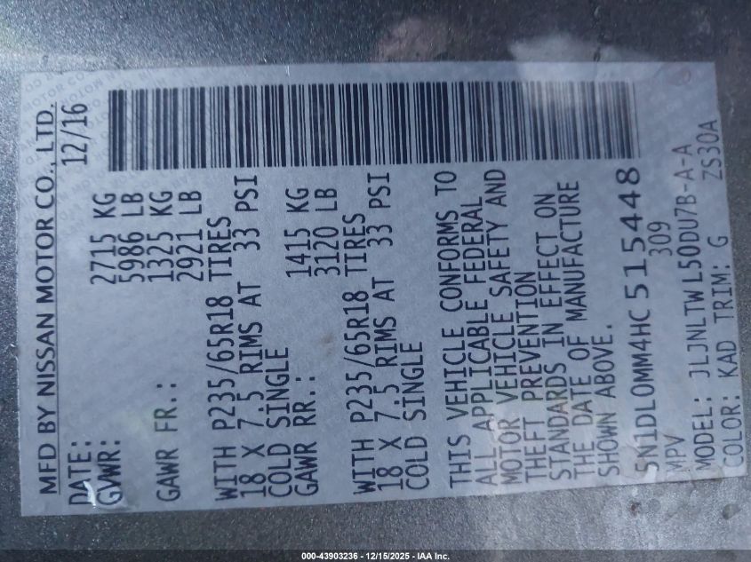 2017 Infiniti Qx60 VIN: 5N1DL0MM4HC515448 Lot: 43903236