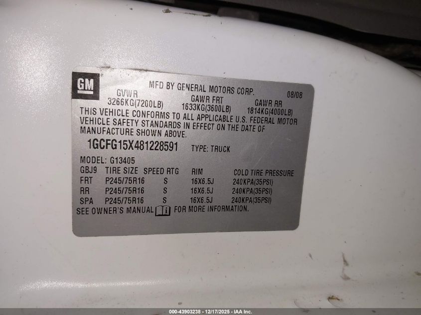 2008 Chevrolet Express Work Van VIN: 1GCFG15X481228591 Lot: 43903238