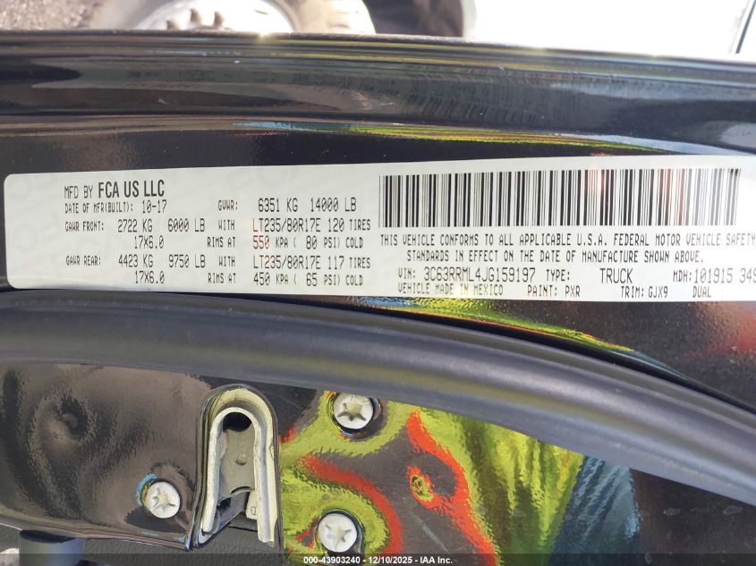 2018 Ram 3500 VIN: 3C63RRML4JG159197 Lot: 43903240