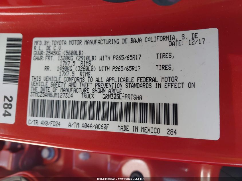 2018 Toyota Tacoma Trd Sport VIN: 3TMCZ5AN8JM127314 Lot: 43903243