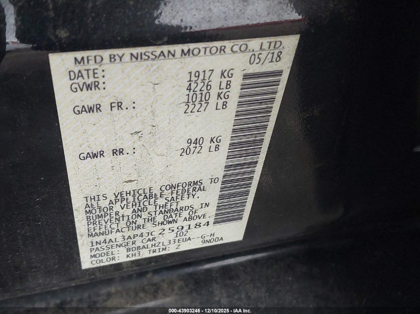 2018 Nissan Altima 2.5 Sr VIN: 1N4AL3AP4JC259184 Lot: 43903246