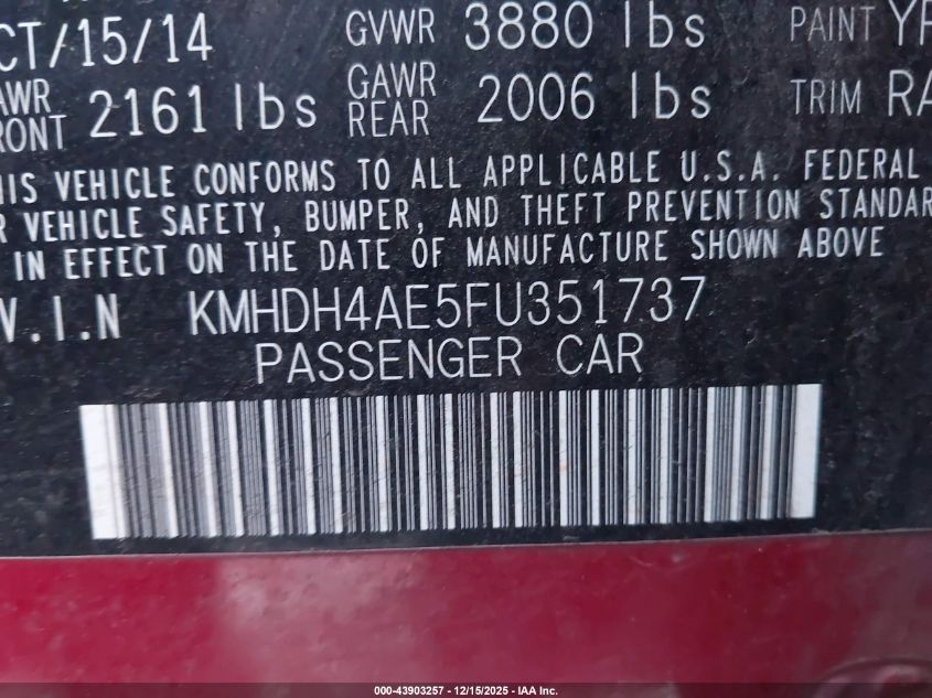 2015 Hyundai Elantra Se VIN: KMHDH4AE5FU351737 Lot: 43903257