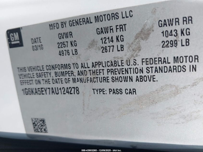 2010 Cadillac Dts Standard VIN: 1G6KA5EY7AU124278 Lot: 43903265