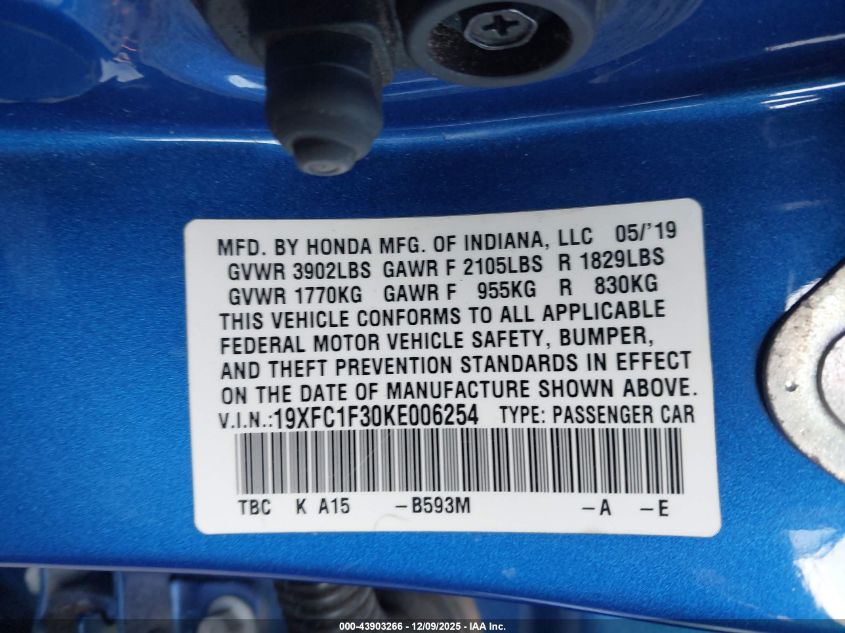 2019 Honda Civic Ex VIN: 19XFC1F30KE006254 Lot: 43903266