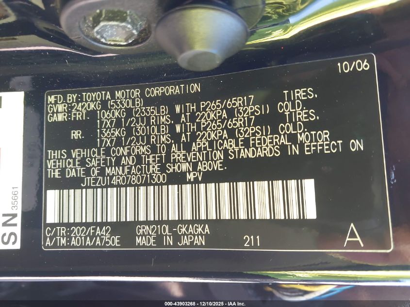 2007 Toyota 4Runner Sr5 V6 VIN: JTEZU14R078071300 Lot: 43903268