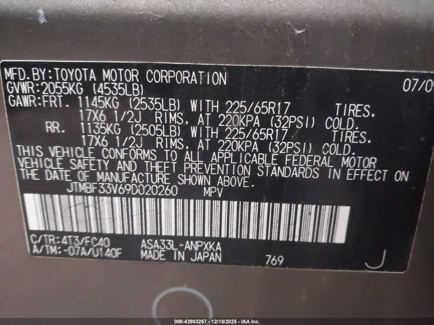 2009 Toyota Rav4 VIN: JTMBF33V69D020260 Lot: 43903267