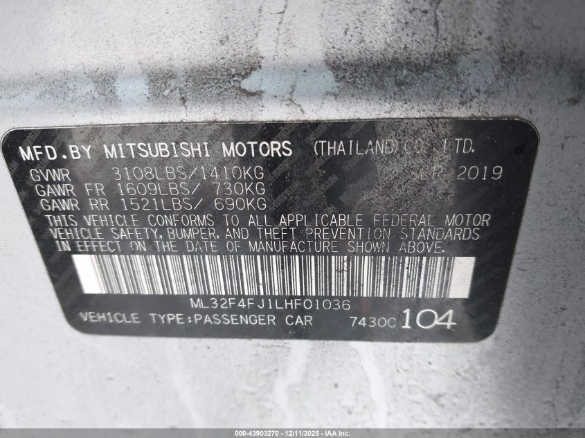 2020 Mitsubishi Mirage G4 Le VIN: ML32F4FJ1LHF01036 Lot: 43903270