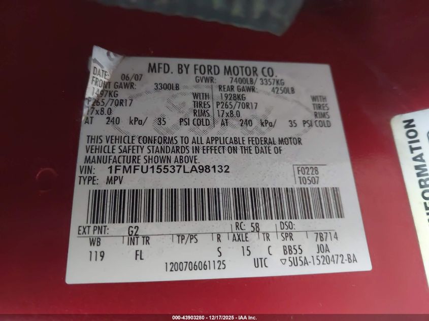 2007 Ford Expedition Xlt VIN: 1FMFU15537LA98132 Lot: 43903280