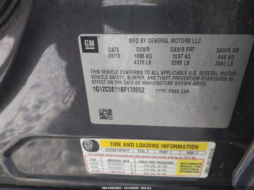 2011 Chevrolet Malibu 1Lt VIN: 1G1ZC5E11BF178862 Lot: 43903283