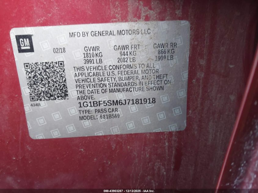 2018 Chevrolet Cruze Premier Auto VIN: 1G1BF5SM6J7181918 Lot: 43903287