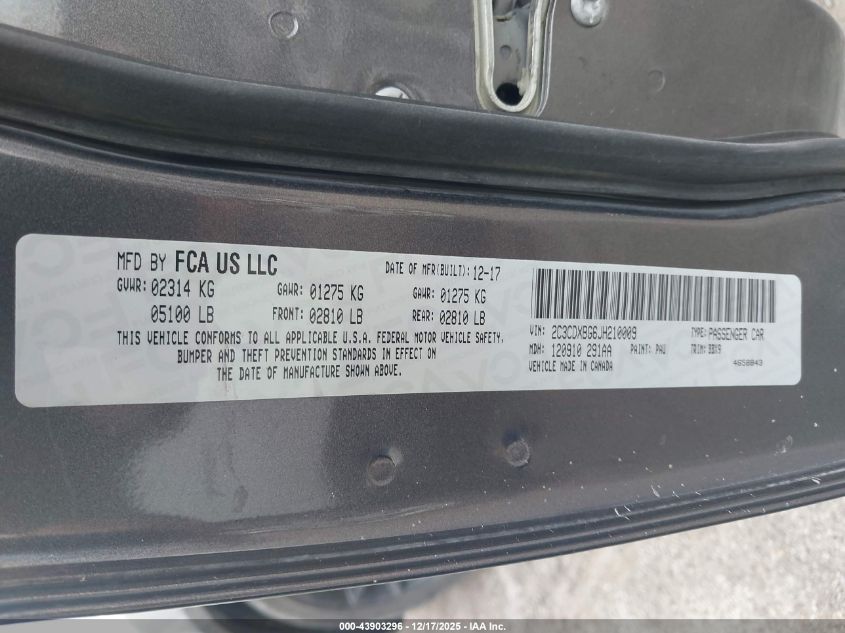 2018 Dodge Charger Sxt Rwd VIN: 2C3CDXBG6JH210009 Lot: 43903296