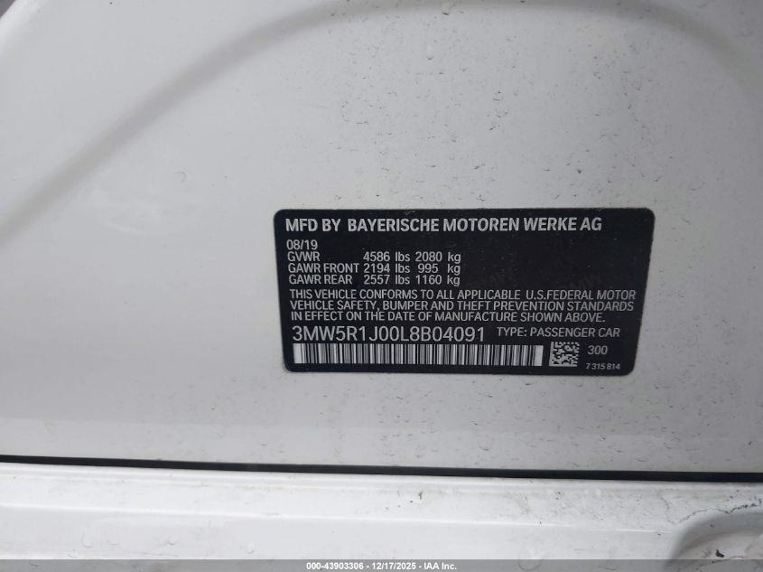 2020 BMW 330I VIN: 3MW5R1J00L8B04091 Lot: 43903306