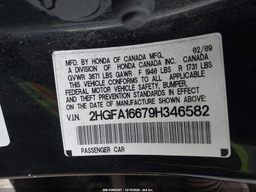 2009 Honda Civic Lx-S VIN: 2HGFA16679H346582 Lot: 43903307