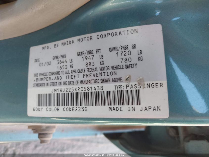 2002 Mazda Protege Dx/Es/Lx VIN: JM1BJ225X20581438 Lot: 43903323