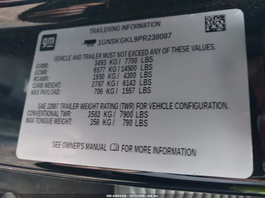 2023 Chevrolet Suburban 4Wd High Country VIN: 1GNSKGKL9PR238087 Lot: 43903325