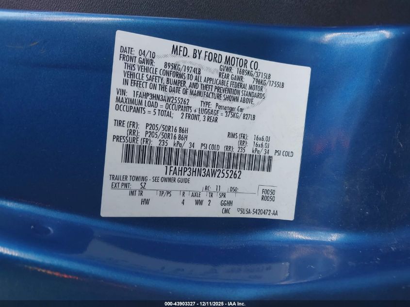 2010 Ford Focus Sel VIN: 1FAHP3HN3AW255262 Lot: 43903327