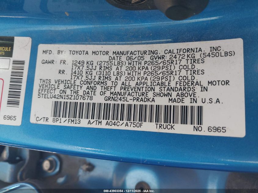 2005 Toyota Tacoma Base V6 VIN: 5TELU42N15Z107678 Lot: 43903354