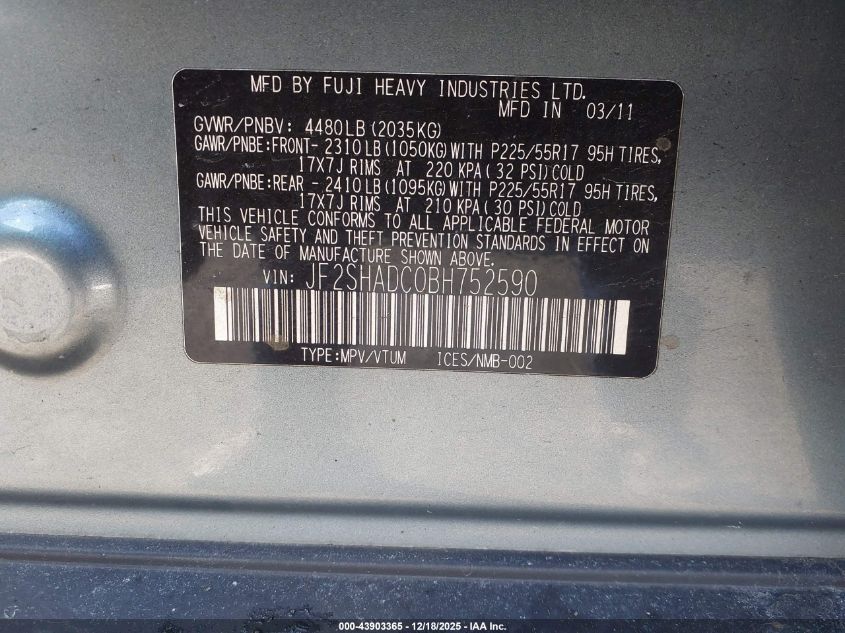2011 Subaru Forester 2.5X Premium VIN: JF2SHADC0BH752590 Lot: 43903365