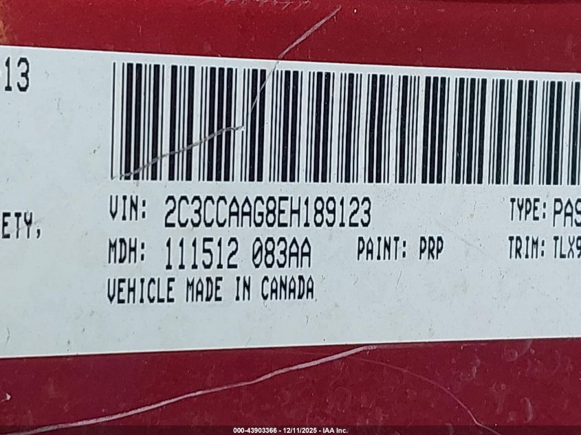 2014 Chrysler 300 VIN: 2C3CCAAG8EH189123 Lot: 43903366