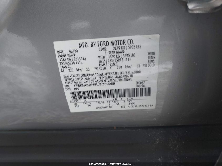 2020 Ford Explorer VIN: 1FMSK8BH5LGD09958 Lot: 43903368