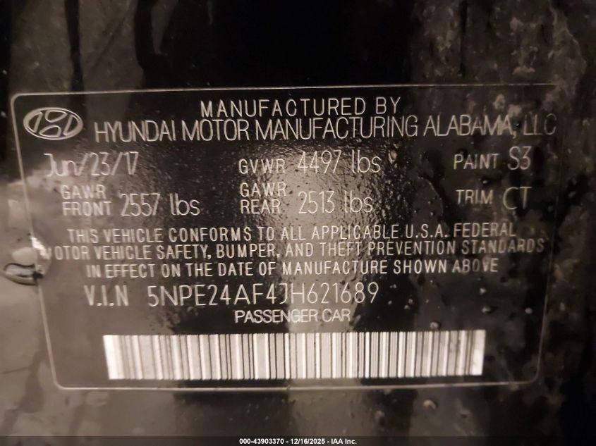 2018 Hyundai Sonata Se VIN: 5NPE24AF4JH621689 Lot: 43903370