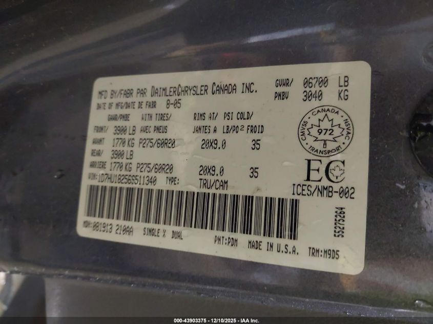 2006 Dodge Ram 1500 Slt/Trx4 Off Road/Sport VIN: 1D7HU18256S511340 Lot: 43903375