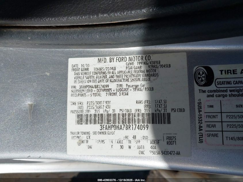 2011 Ford Fusion Se VIN: 3FAHP0HA7BR174099 Lot: 43903376