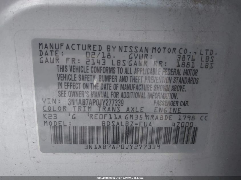 2018 Nissan Sentra S VIN: 3N1AB7AP0JY277339 Lot: 43903386