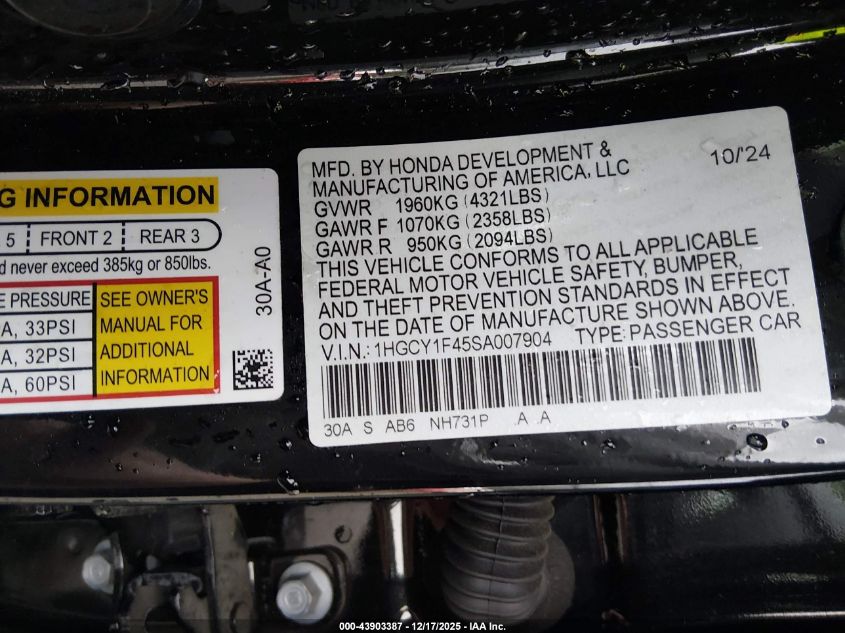 2025 Honda Accord Se VIN: 1HGCY1F45SA007904 Lot: 43903387