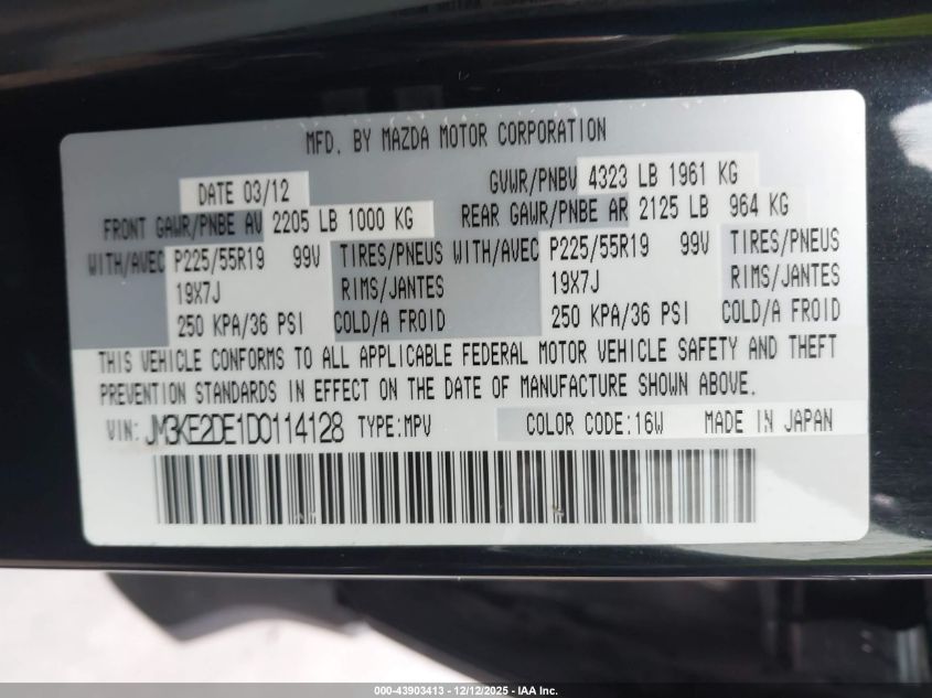 2013 Mazda Cx-5 Grand Touring VIN: JM3KE2DE1D0114128 Lot: 43903413