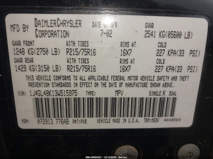 2003 Jeep Liberty Sport VIN: 1J4GL48K13W515975 Lot: 43903427