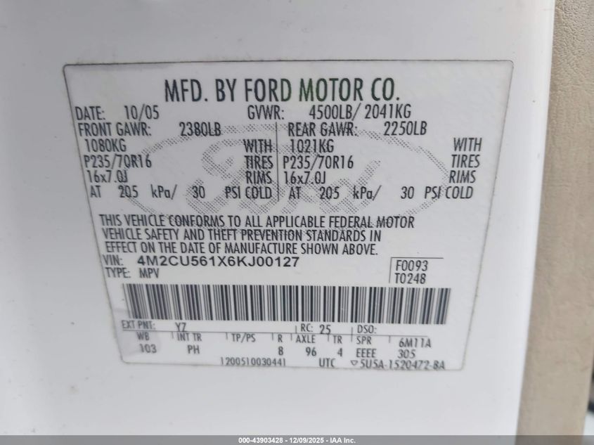 2006 Mercury Mariner Luxury/Premier VIN: 4M2CU561X6KJOO127 Lot: 43903428