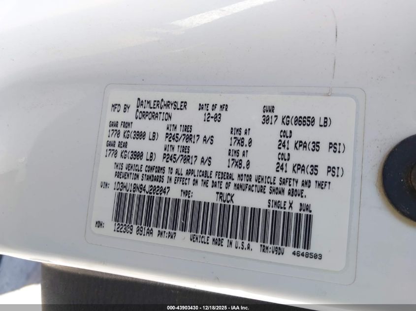 2004 Dodge Ram 1500 Slt/Laramie VIN: 1D3HU18N94J202047 Lot: 43903430