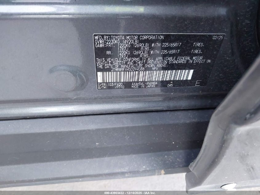 2025 Toyota Rav 4 VIN: JTMRWRFV45D294088 Lot: 43903432